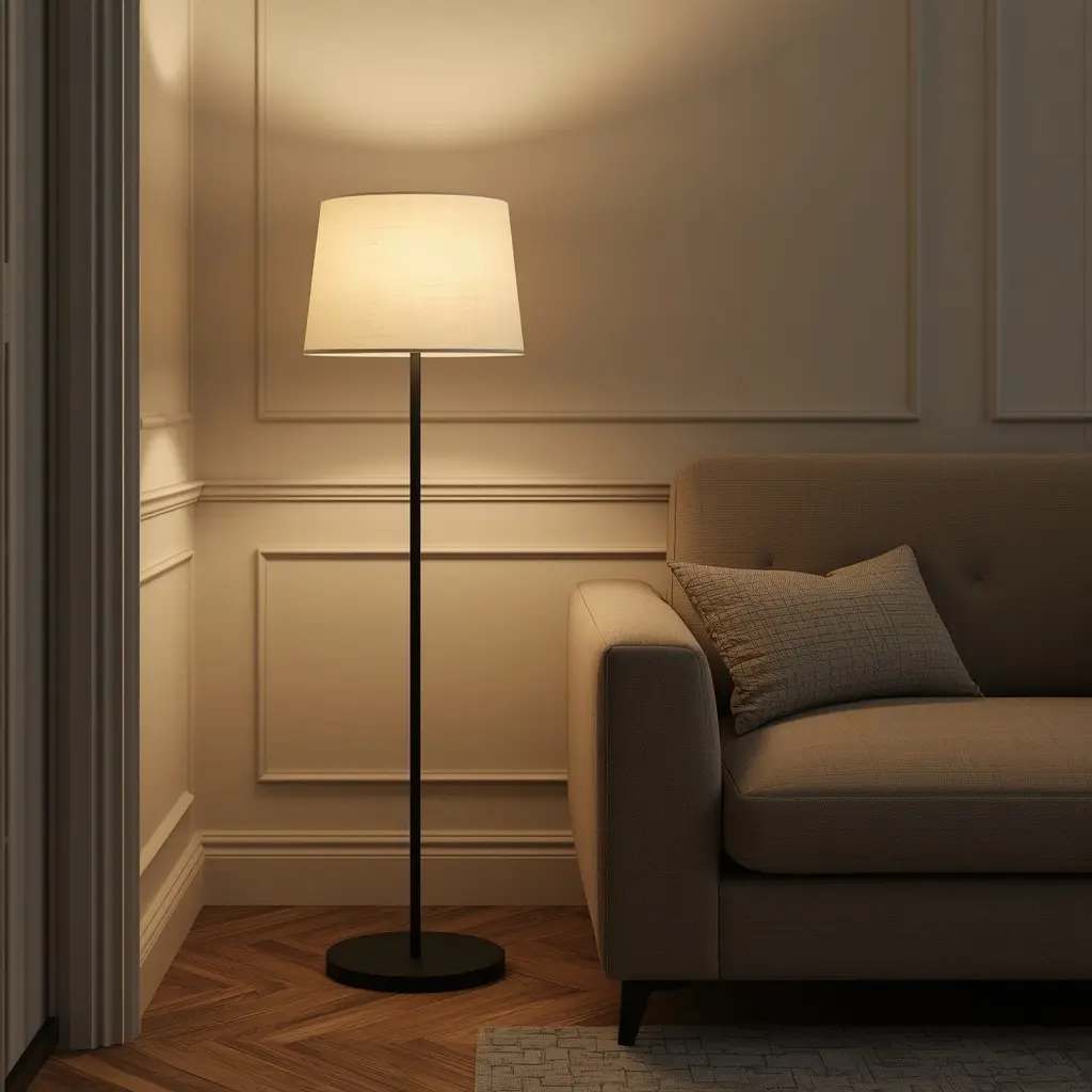 Black dimmable floor standing lamp with linen lampshade